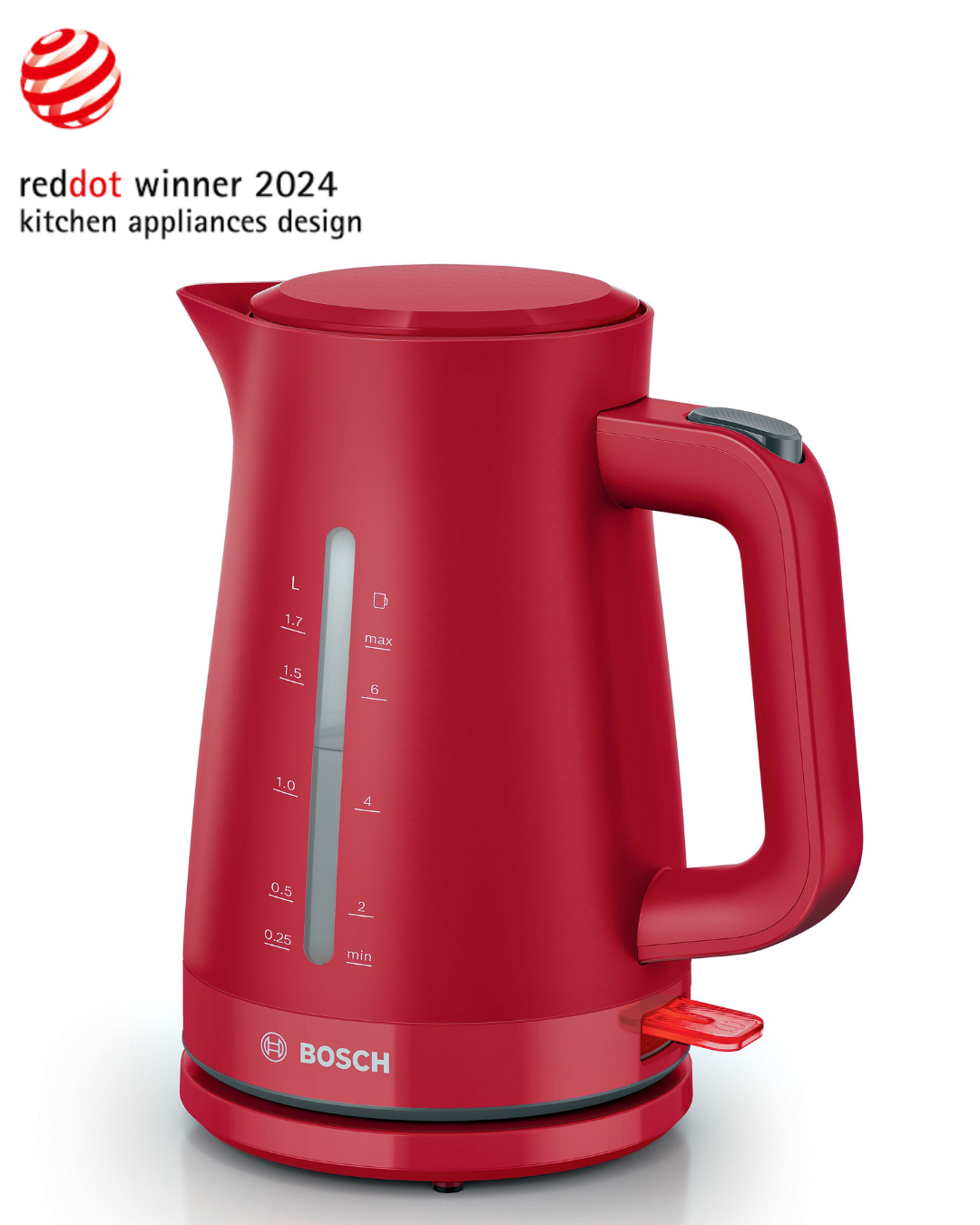 arra Eléctrica Bosch TWK3M124 Roja: Diseño Moderno y Seguridad Alemana en Meinhaus Center. Hervidora eléctrica Bosch TWK3M124 Serie 4 en color rojo, capacidad de 1.7 litros con sistema de triple seguridad y filtro antical.