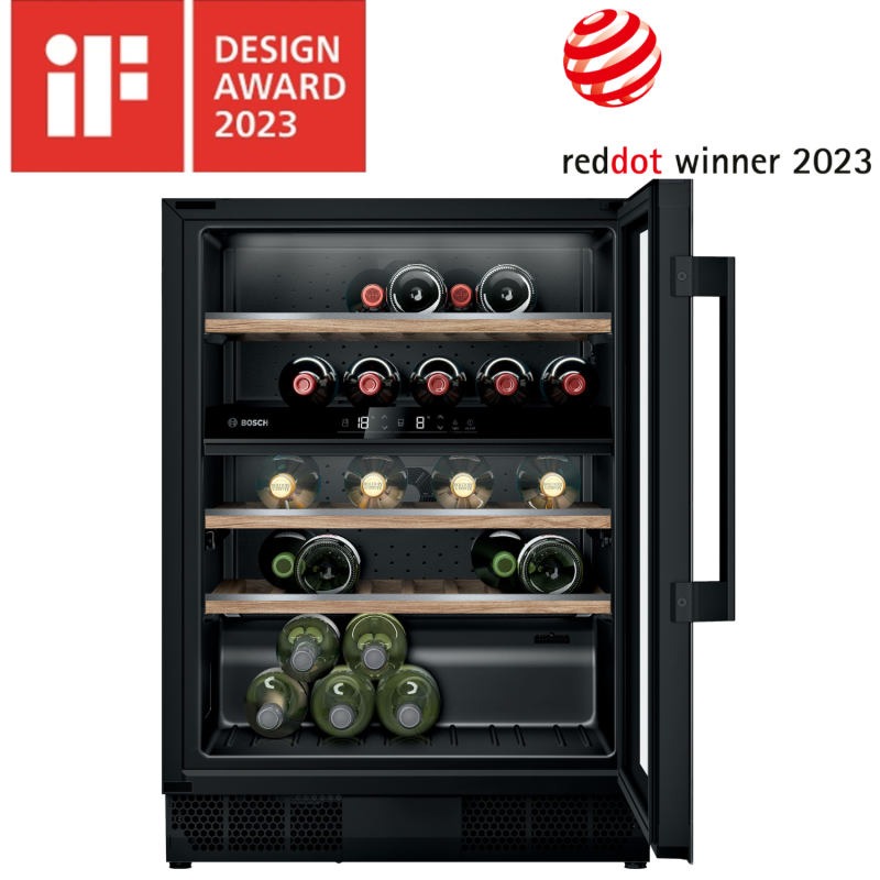 Vinoteca integrable Bosch KUW21AHG0 de bajo mesada para 44 botellas, con dos zonas de temperatura y cristal con protección UV.